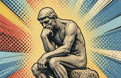 Illustrasjon av en statue av en mann som sitter med hånden under hodet og tenker, Generert med ChatGPT, april 2026