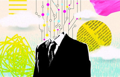 Illustration of an Artificial intelligence business concept in retro collage style with business man in suit.