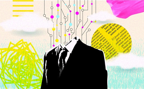Illustration of an Artificial intelligence business concept in retro collage style with business man in suit.